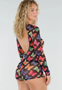 Zwarte Mesh Playsuit met Vlinderprint en Open Rug