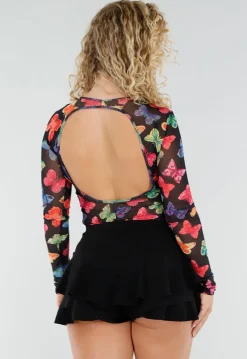 Zwarte Mesh Playsuit met Vlinderprint en Open Rug