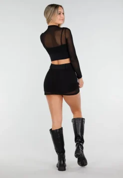 Zwarte Mesh Skort met Stretch en Riemlussen