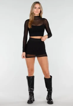 Zwarte Mesh Skort met Stretch en Riemlussen