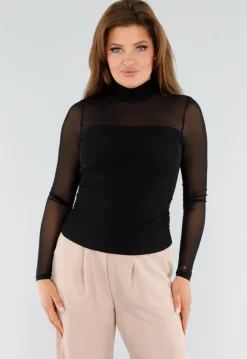 Zwarte Mesh Top Met Hoge Hals en Lange Mouwen