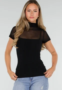 Zwarte Mesh Top met Hoge Hals en Pads