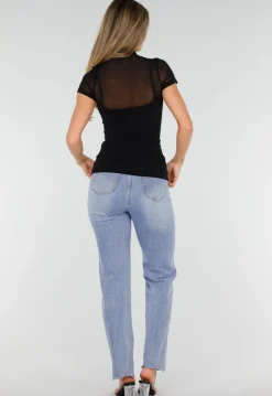 Zwarte Mesh Top met Hoge Hals en Pads