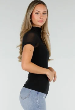 Zwarte Mesh Top met Hoge Hals en Pads
