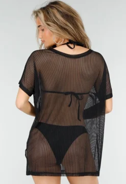 Zwarte Mesh Top met Korte Mouwen en Stretch
