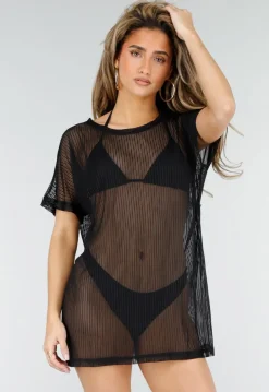 Zwarte Mesh Top met Korte Mouwen en Stretch