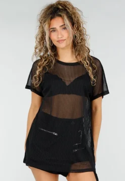 Zwarte Mesh Top met Korte Mouwen en Stretch