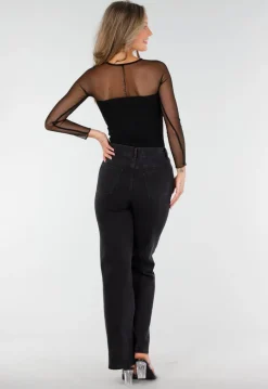Zwarte Mesh Top met Lange Mouwen en Ingebouwde Pads