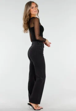 Zwarte Mesh Top met Lange Mouwen en Ingebouwde Pads