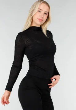 Zwarte Mesh Top met Lange Mouw