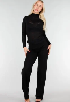 Zwarte Mesh Top met Lange Mouw