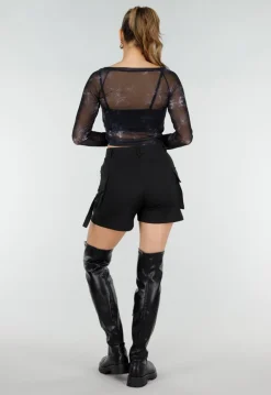 Zwarte Mesh Top met Lange Mouwen en Abstracte Print