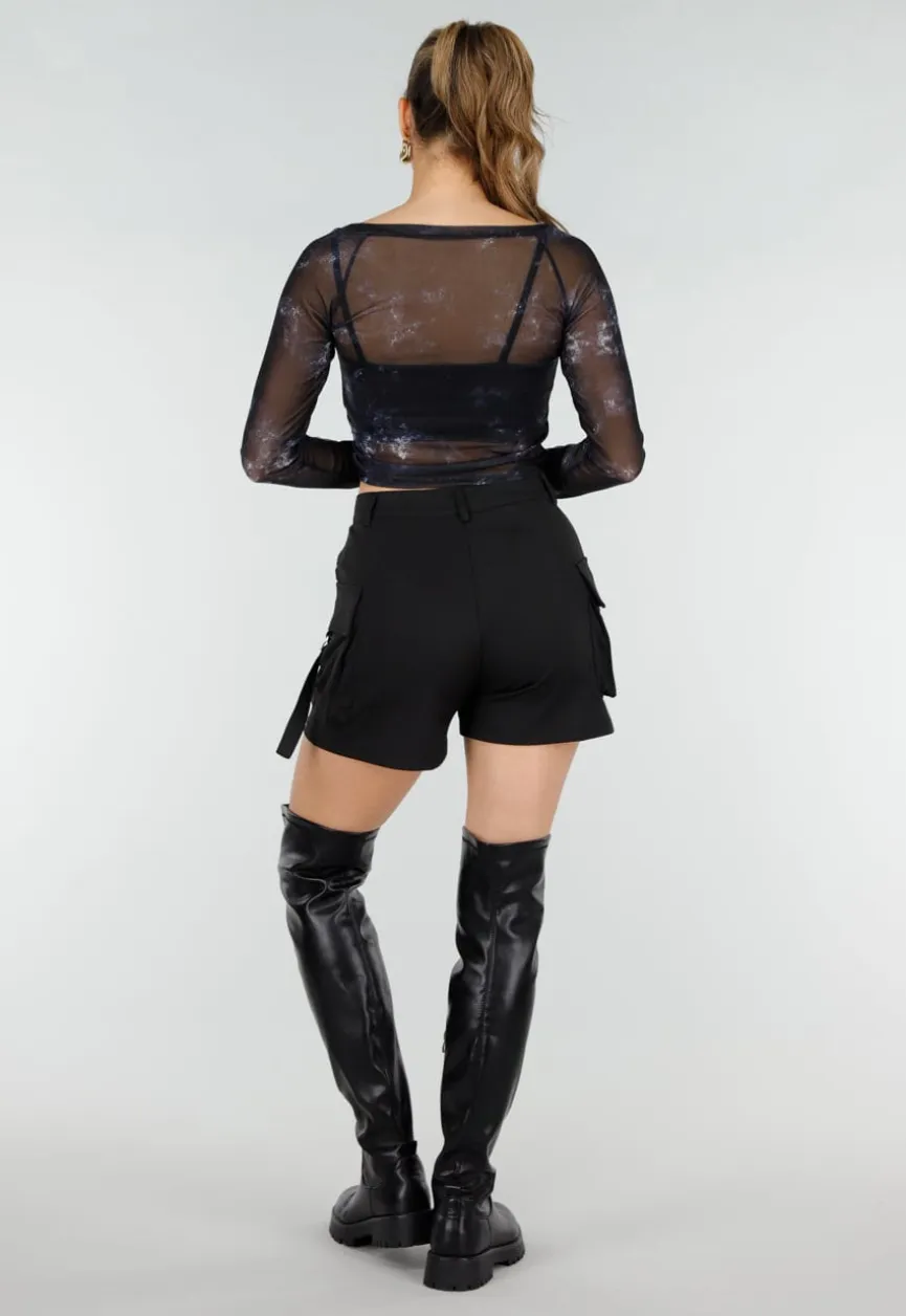 Zwarte Mesh Top met Lange Mouwen en Abstracte Print