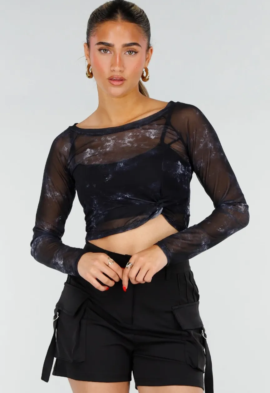 Zwarte Mesh Top met Lange Mouwen en Abstracte Print