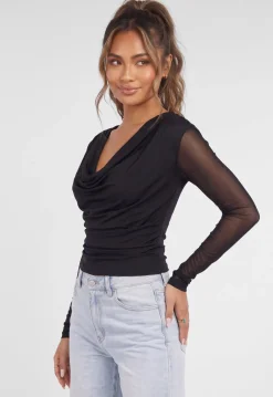 Zwarte Mesh Top met Lange Mouwen en Diepe Watervalhals