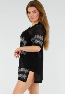 Zwarte Mesh T-Shirtjurk met Zilveren Glitters en Nummerprint
