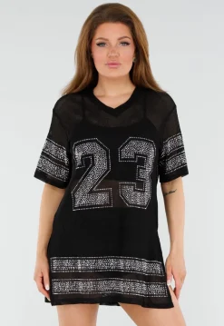 Zwarte Mesh T-Shirtjurk met Zilveren Glitters en Nummerprint
