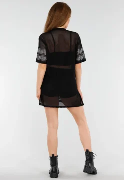Zwarte Mesh T-Shirtjurk met Zilveren Glitters en Nummerprint