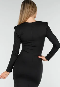 Zwarte Midi Jurk met Lange Mouwen en Goudkleurige Ringdetail