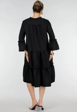 Zwarte Midi Jurk met V-Hals en Ruffle Details