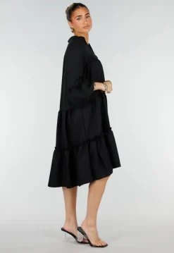Zwarte Midi Jurk met V-Hals en Ruffle Details