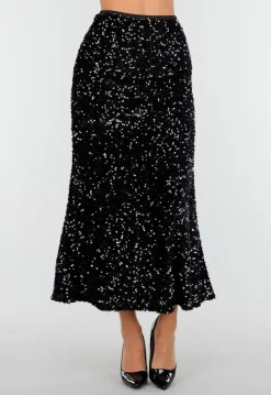 Zwarte Midi Rok met All Over Pailletten en Subtiele Uitlopende Zoom