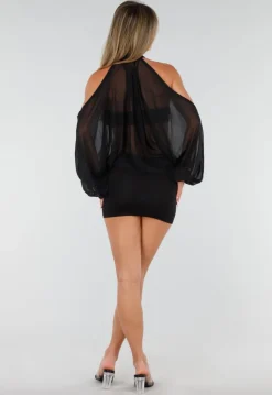 Zwarte Mini Jurk met Open Schouders En Chiffon Mouwen