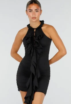 Zwarte Mini Jurk met Ruches, Knoopjes aan de Hals en Stretch