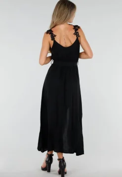 Zwarte Mousseline Maxi Jurk met Kantdetail en Tailleband