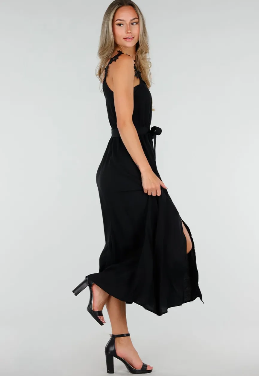 Zwarte Mousseline Maxi Jurk met Kantdetail en Tailleband