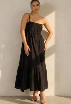 Zwarte Mousseline Maxi Jurk met Spaghettibandjes en Smokdetail