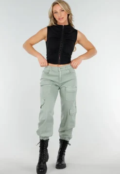 Zwarte Mouwloze Crop Top met Haaksluiting en Stretch