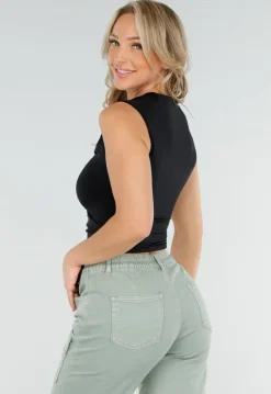 Zwarte Mouwloze Crop Top met Haaksluiting en Stretch
