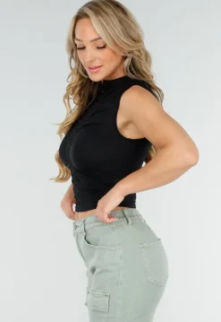 Zwarte Mouwloze Crop Top met Haaksluiting en Stretch