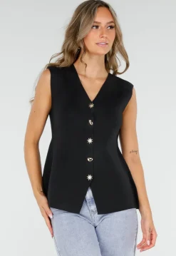 Zwarte Mouwloze Top met Goudkleurige Knopen en Strik