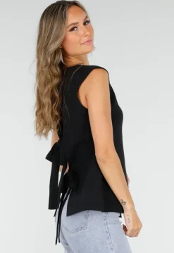 Zwarte Mouwloze Top met Goudkleurige Knopen en Strik