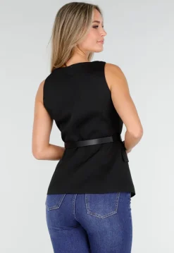 Zwarte Mouwloze Top met Knopen en Ceintuur