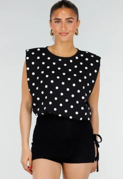 Zwarte Mouwloze Top met Witte Stippen en Schoudervulling