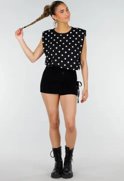 Zwarte Mouwloze Top met Witte Stippen en Schoudervulling