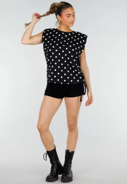 Zwarte Mouwloze Top met Witte Stippen en Schoudervulling