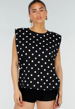 Zwarte Mouwloze Top met Witte Stippen en Schoudervulling