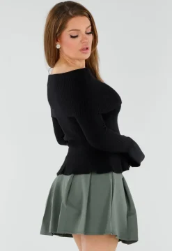 Zwarte Off Shoulder Gebreide Trui met Uitlopende Mouwen