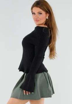 Zwarte Off Shoulder Gebreide Trui met Uitlopende Mouwen
