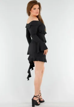 Zwarte Off-Shoulder Jurk Met Volants en Lange Mouwen