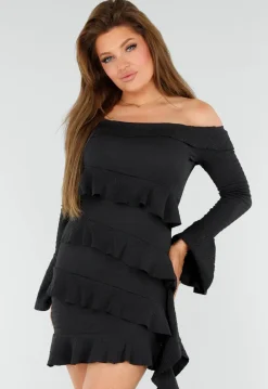 Zwarte Off-Shoulder Jurk Met Volants en Lange Mouwen