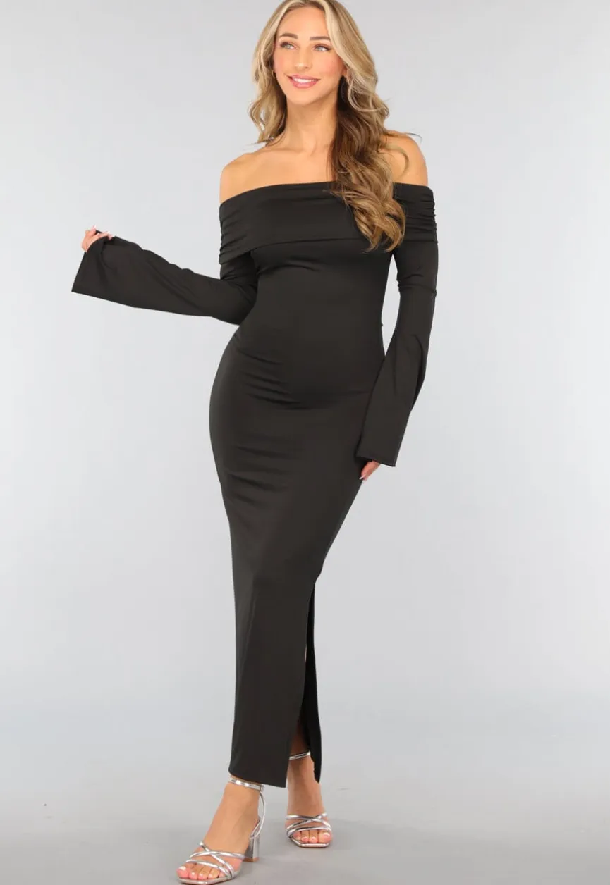Zwarte Off Shoulder Jurk met Wijduitlopende Mouwen