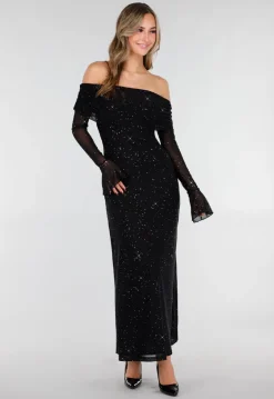 Zwarte Off Shoulder Maxi Glitter Jurk met Lange Mouwen