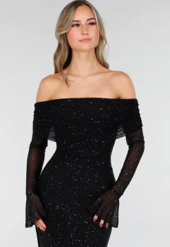 Zwarte Off Shoulder Maxi Glitter Jurk met Lange Mouwen