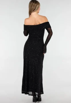 Zwarte Off Shoulder Maxi Glitter Jurk met Lange Mouwen