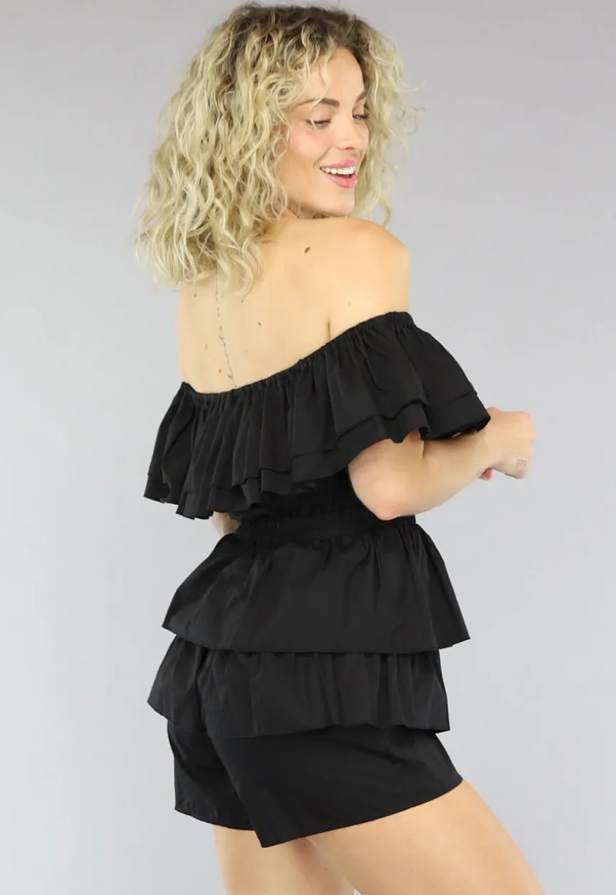 Zwarte Off Shoulder Ruffle Playsuit